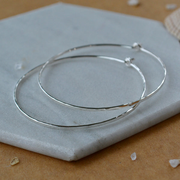 Shimmer Hoop Earrings - handmade round hammered classic large hoops
