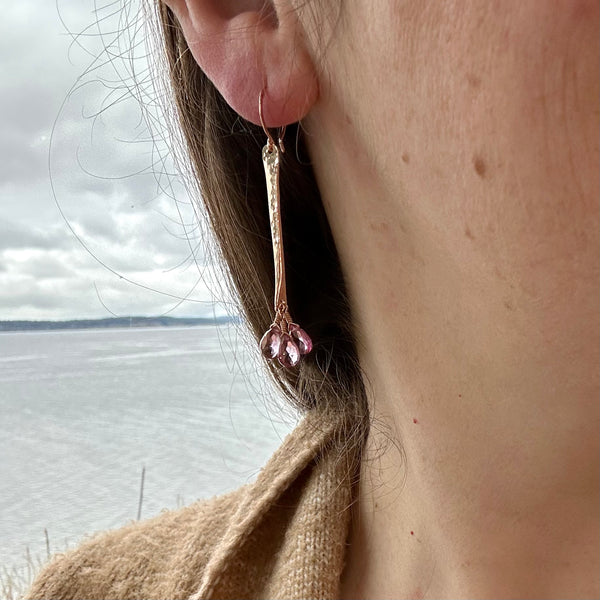 Siren song earrings handmade pink topaz earrings rose gold filled hammered bar earring dangle pink earrings sustainable jewelry on model