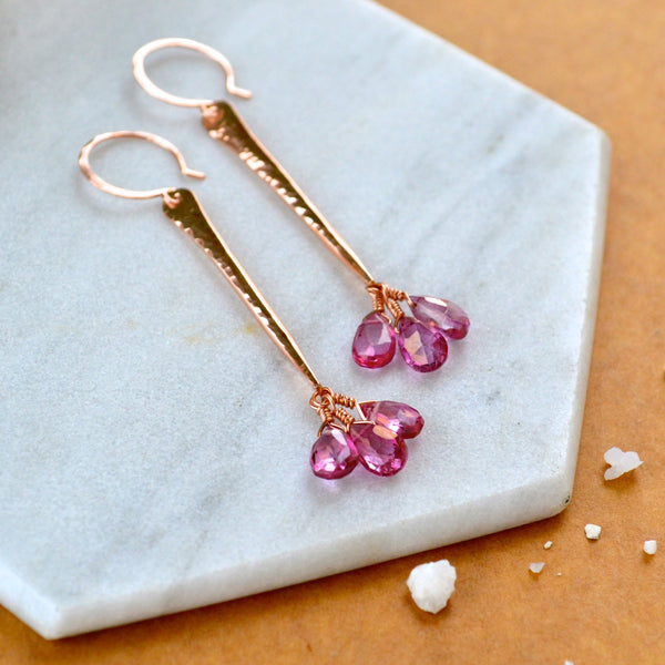 Siren song earrings handmade pink topaz earrings rose gold filled hammered bar earring dangle pink earrings sustainable jewelry