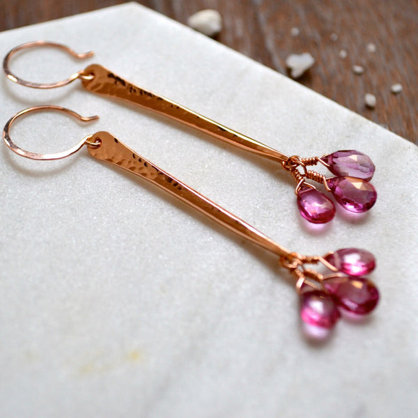 Siren song earrings handmade pink topaz earrings rose gold filled hammered bar earring dangle pink earrings sustainable jewelry