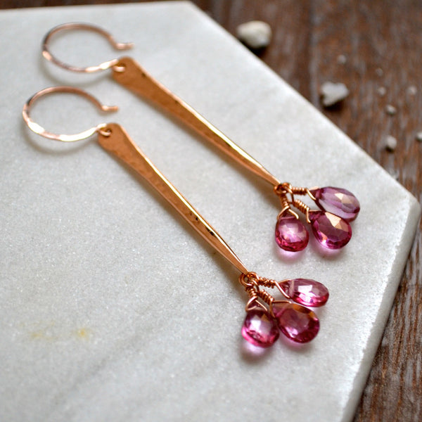 Siren song earrings handmade pink topaz earrings rose gold filled hammered bar earring dangle pink earrings sustainable jewelry