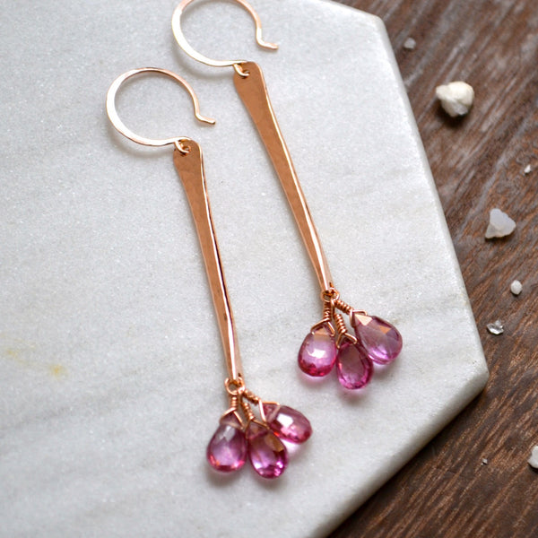 Siren song earrings handmade pink topaz earrings rose gold filled hammered bar earring dangle pink earrings sustainable jewelry