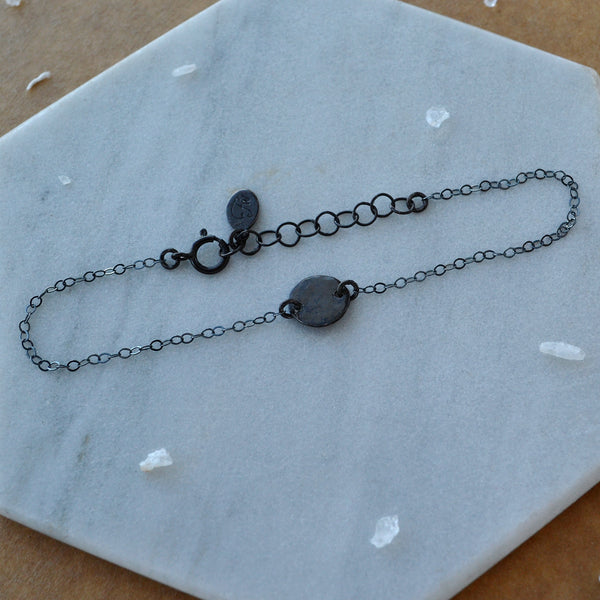 Speckle Bracelet dainty charm bracelets pounded disc charm dappled circle delicate bracelet black oxidized silver