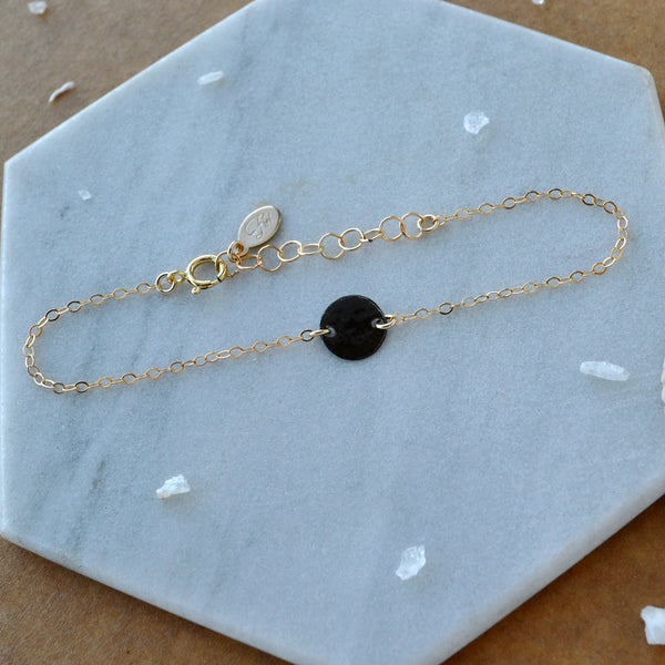 Speckle Bracelet dainty charm bracelets pounded disc charm dappled circle delicate bracelet mixed metal black oxidized silver gold filled