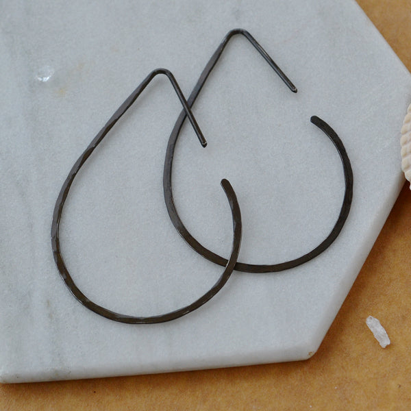 The Point Hoop Earrings teardrop shape threader hoops handmade hammered hoop earring nickel free black oxidized silver large
