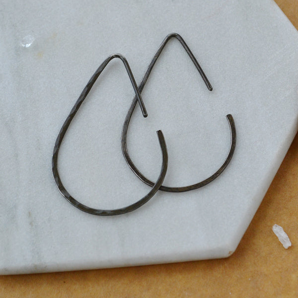 The Point Hoop Earrings teardrop shape threader hoops handmade hammered hoop earring nickel free black oxidized silver medium