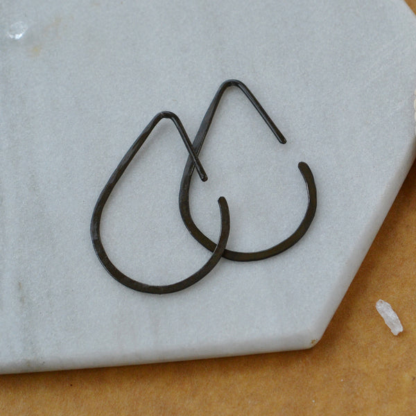 The Point Hoop Earrings teardrop shape threader hoops handmade hammered hoop earring nickel free black oxidized silver small