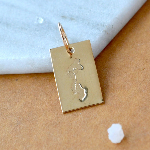 Rectangle charm with Whidbey Island impressed in gold. Displayed on a white marble surface on top of a brown textured backdrop.