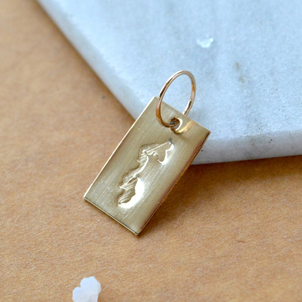Rectangle charm with Whidbey Island impressed in gold. Displayed on a white marble surface on top of a brown textured backdrop.