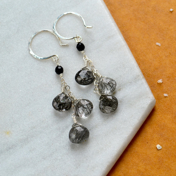 black sands earrings tourmalinated quartz gemstone earring dangles rutilated quartz long earrings handmade black and white ear ring silver