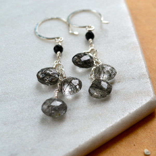 black sands earrings tourmalinated quartz gemstone earring dangles rutilated quartz long earrings handmade black and white ear ring sterling silver