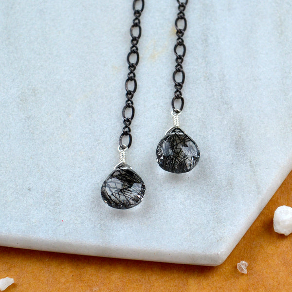 black sea dangle earrings oxidized silver gemstone earring black gem ear rings tourmalinated quartz rutilated black silver sustainable jewelry