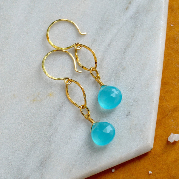 caribbean earrings handmade aqua gemstone earring chalcedony dangles gold sustainable earrings