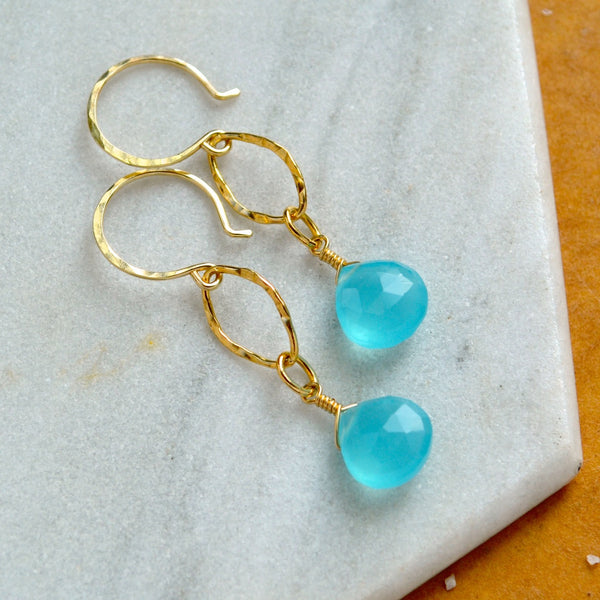 caribbean earrings handmade aqua gemstone earring chalcedony dangles gold sustainable earrings