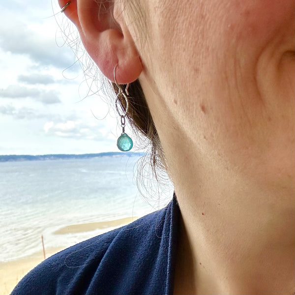 caribbean earrings handmade aqua gemstone earring chalcedony dangles silver sustainable earrings on model