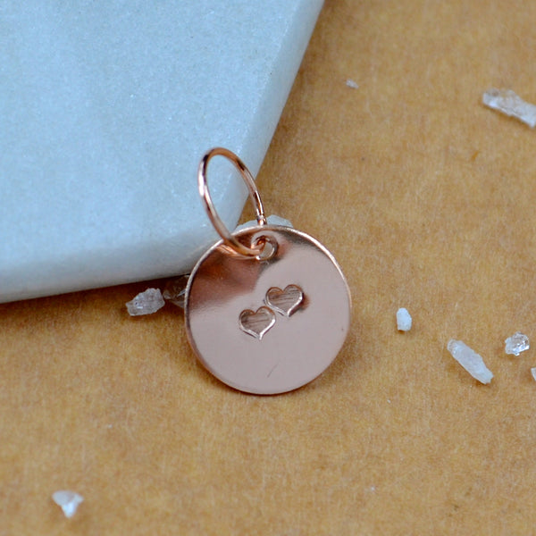 Double Hearts Charm small disc charms with two hearts add a charm necklace sustainable jewelry rose gold filled