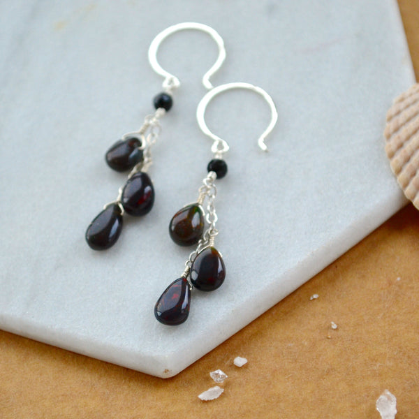 black opal earrings dangling dark opal earring handmade black stone ear rings silver