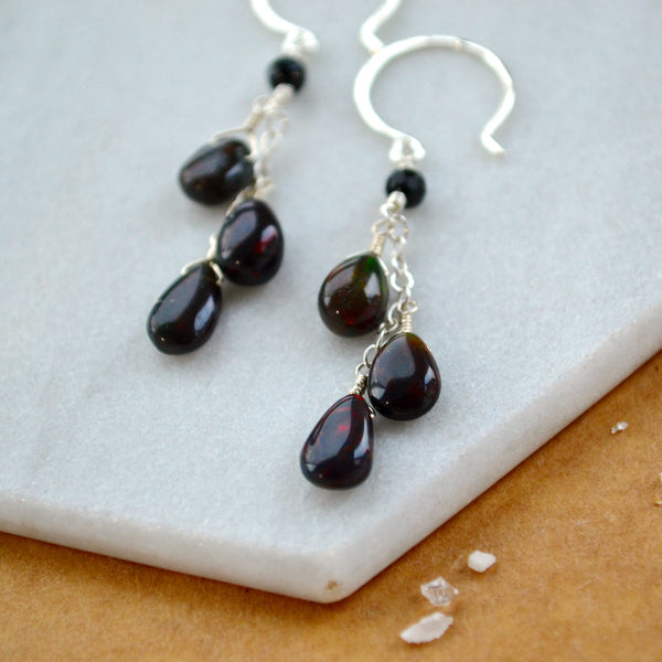 black opal earrings dangling dark opal earring handmade black stone ear rings silver