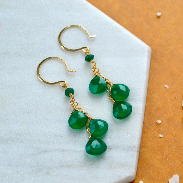 evergreen earrings green onyx gemstone earring dangles kelly green long earrings gold