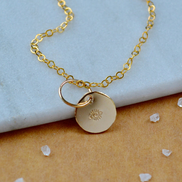 Evil eye charm pendant with eye of protection image gold fill on simple chain