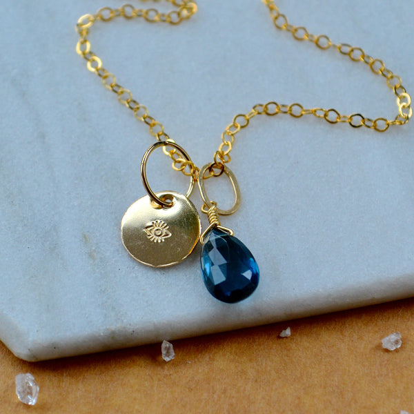 Evil eye charm pendant with eye of protection image gold fill with london blue topaz on simple chain