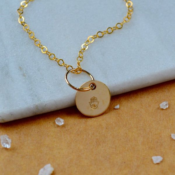 Hamsa Hand charm pendant with protection hand image gold fill on simple chain