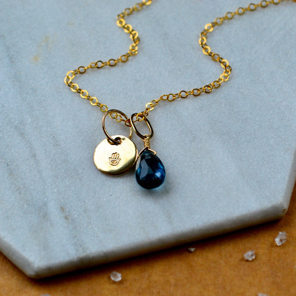 Hamsa Hand charm pendant with protection hand image gold fill with london blue topaz gem charm on simple chain