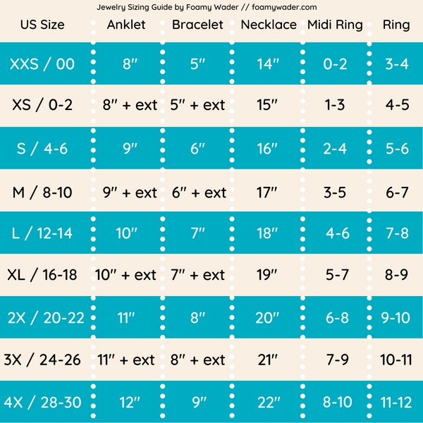 jewelry sizing guide by US dress sizes plus size jewelry ordering guide