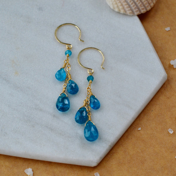 lagoon earrings blue apatite gemstone earring dangles neon blue long earrings gold