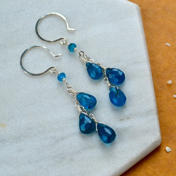 lagoon earrings blue apatite gemstone earring dangles neon blue long earrings silver