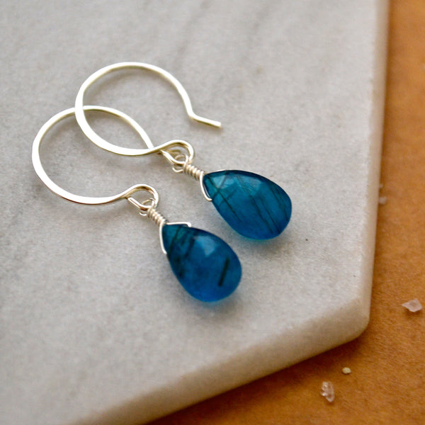Lagoon Earrings: Neon Blue Apatite Earrings Gemstone Earrings Sustainable Jewelry silver Earrings Handmade Gemstone Drop Earrings with Stones