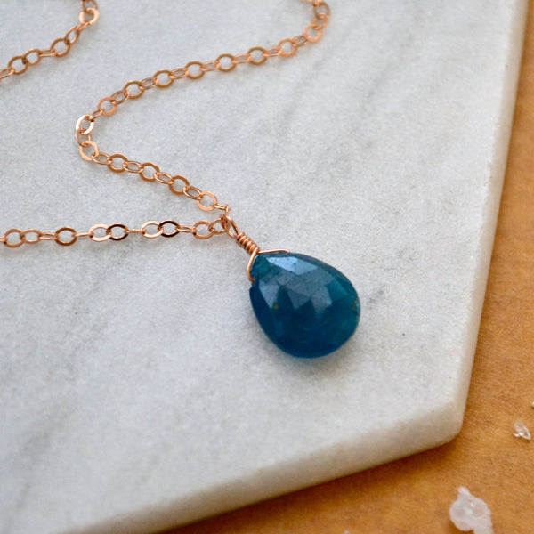 Lagoon Necklace: Neon Blue Apatite Necklace Gemstone Pendant Sustainable Jewelry rose Gold-Filled Necklace Handmade Gemstone Necklace with Stone