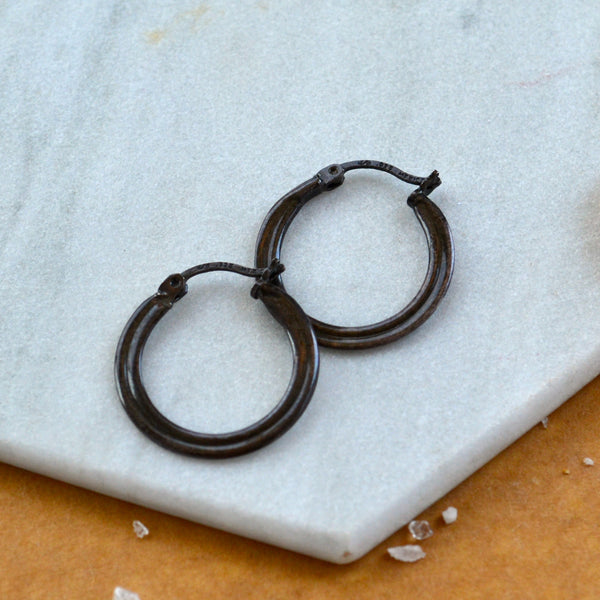lifesaver hoops pressed flat hoop earrings hinged hoops thick flattened hoops black oxidized silver simple hoop sustainable jewelry