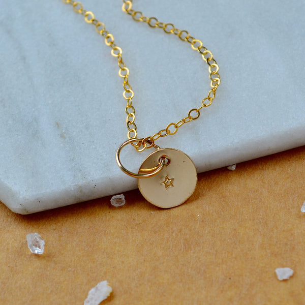Tiny Star charm pendant with five pointed star image gold fill on simple chain