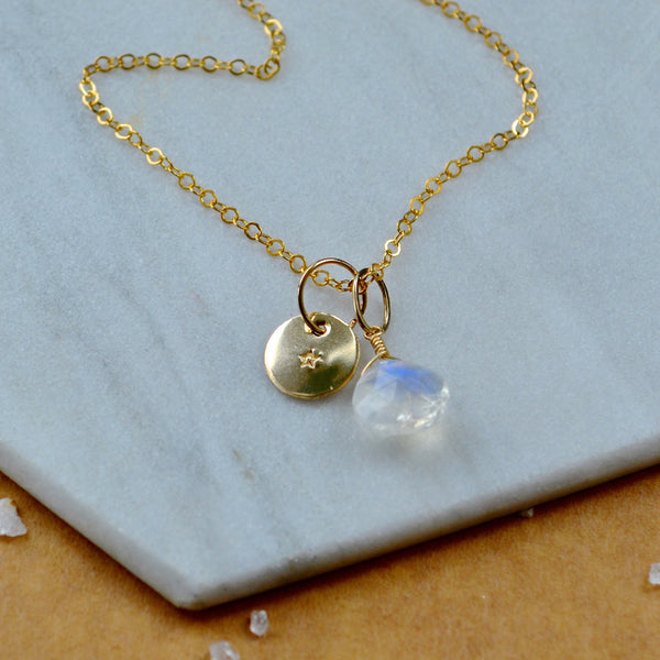 Tiny Star charm pendant with five pointed star image gold fill with moonstone gem charm on simple chain