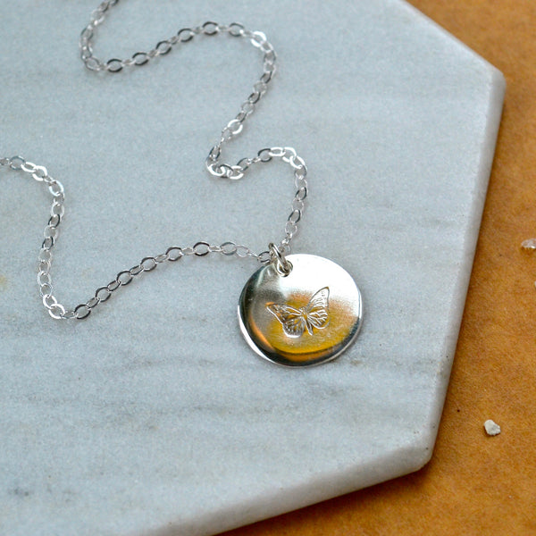 monarch necklace silver butterfly necklace circle with butterfly pendant handmade silver butterfly necklace sustainable jewelry