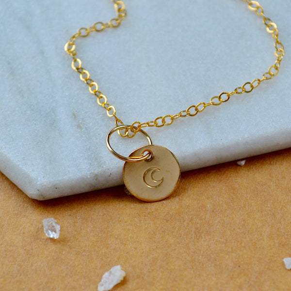 Moon charm pendant with crescent moon image gold fill on simple chain