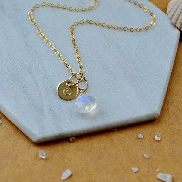 Moon charm pendant with crescent moon image and moonstone gem charm on gold fill simple chain