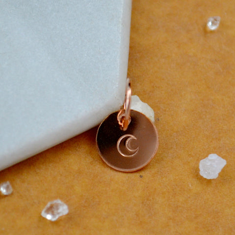 Moon charm pendant with crescent moon image rose gold fill