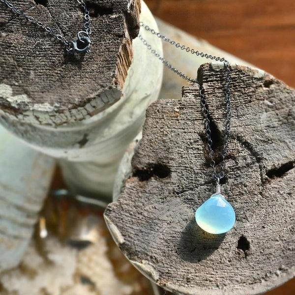 Sayuri Petite Necklace: Aqua Blue Chalcedony Necklaces Gemstone Pendant Sustainable Jewelry oxidized silver Necklace Handmade Gemstone Necklace with Stone