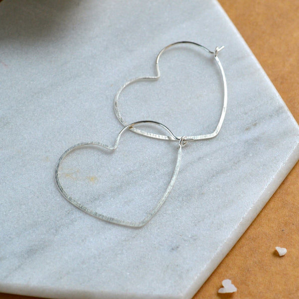 shining heart hoops open heart hoop earrings hoops handmade earrings matte silver heart shaped hoops