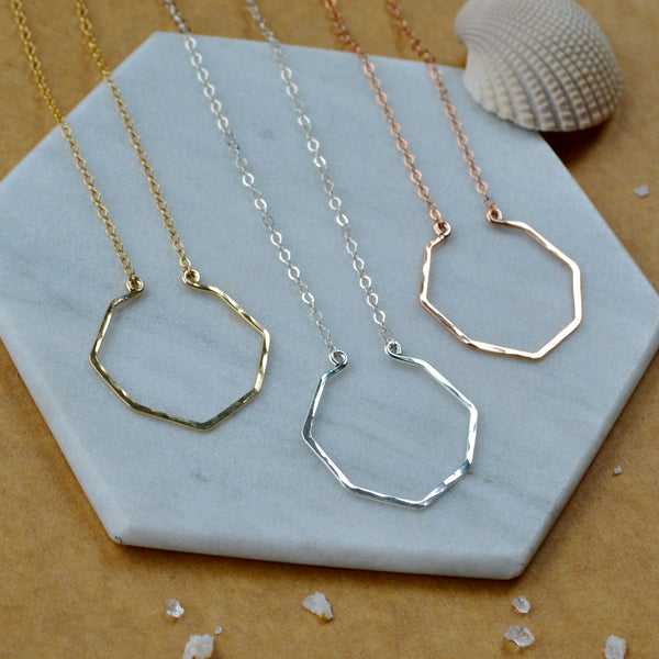 Parasol necklace, geometric octagon pendant, ring keeper necklace, geometric jewelry, rose gold filled silver octagon necklace