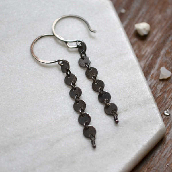 pieces of eight earrings black silver dangle earring handmade circle chain ear rings simple jewelry sustainable earrings
