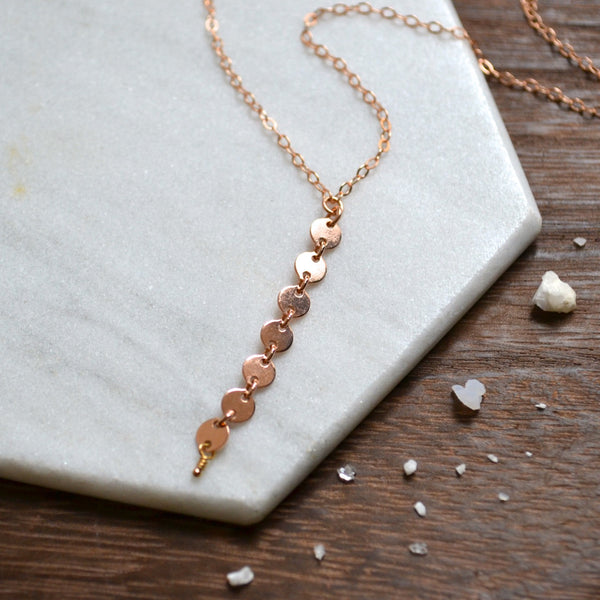 pieces_of_eight_necklace_y_necklaces_coin_dangle_chain_necklace_custom_chains_Rose_gold_filled_sustainable_jewelry