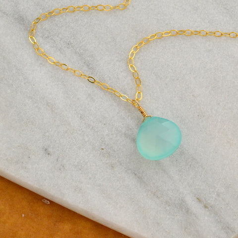Handmade necklace with aqua chalcedony teardrop wrapped in 14k gf
