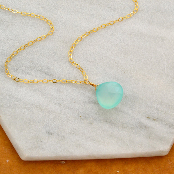 Sayuri Petite Necklace: Aqua Blue Chalcedony Necklaces Gemstone Pendant Sustainable Jewelry Gold Filled Necklace Handmade Gemstone Necklace with Stone