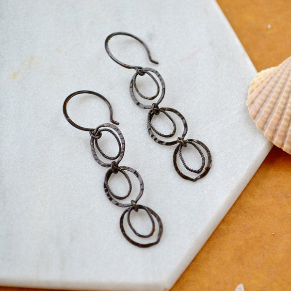 black silver skipping stones earrings long dangle ear rings with concentric circles handmade earrings sustainable jewelry