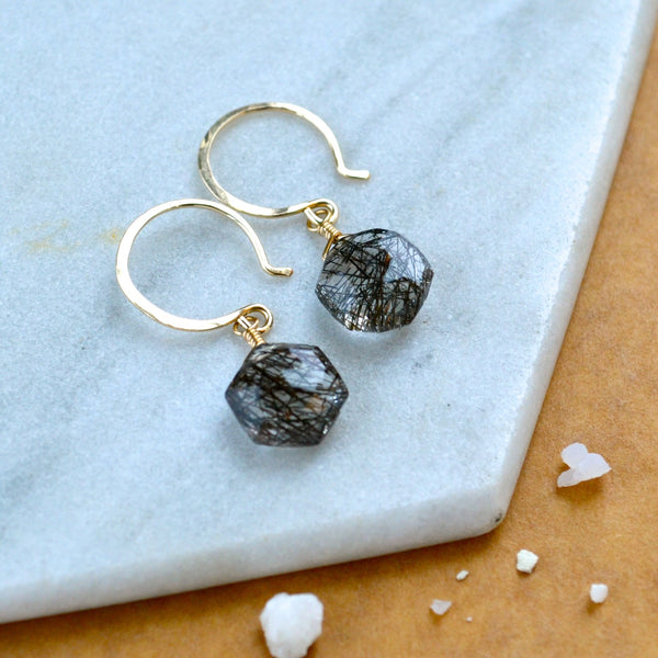 wayfinder earrings handmade gemstone earring tourmalinated quartz black earrings hexagon shape earring gold filled sustainable earrings rutilated quartz