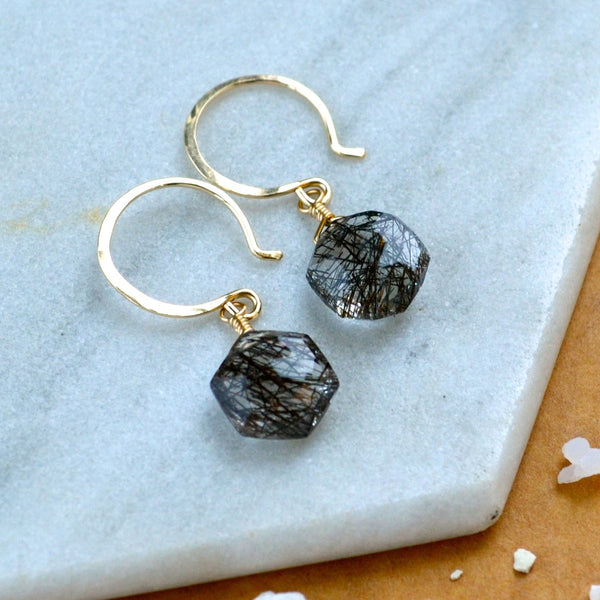 wayfinder earrings handmade gemstone earring tourmalinated quartz black earrings hexagon shape earring gold fill sustainable earrings rutilated quartz