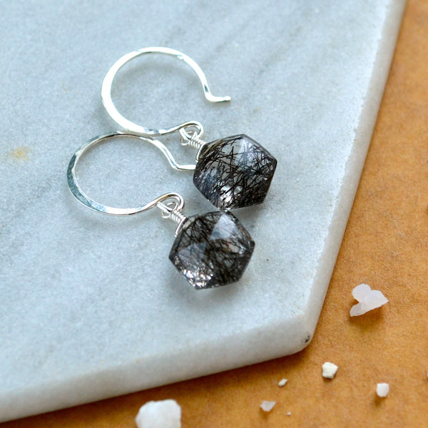 wayfinder earrings handmade gemstone earring tourmalinated quartz black earrings hexagon shape earring silver sustainable earrings rutilated quartz